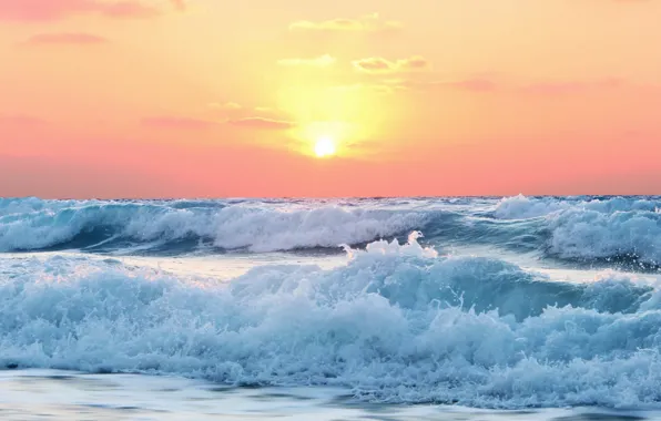 Картинка waves, beach, sea, ocean, seascape, morning, sunrise, dusk