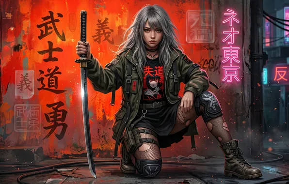 Картинка girl, anime, katana, cyberpunk
