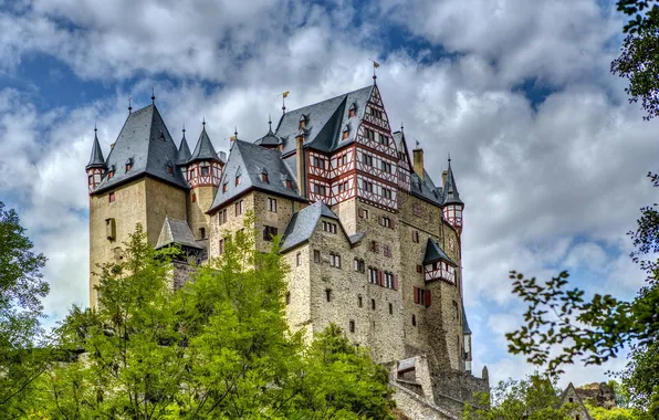 Картинка небо, деревья, город, фото, замок, Германия, Eltz