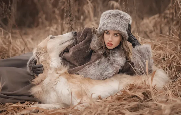 Осень, девушка, поза, стебли, поляна, шапка, собака, лежит