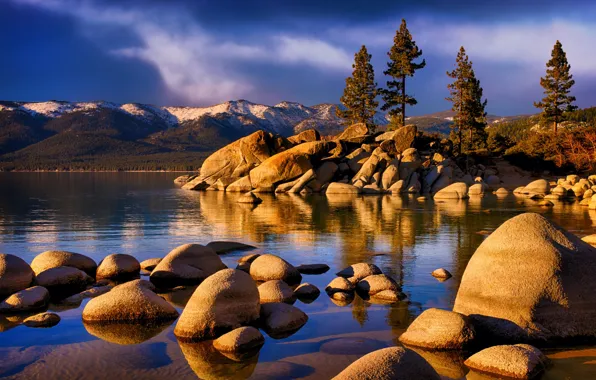 Картинка деревья, пейзаж, горы, природа, озеро, камни, США, Сьерра-Невада