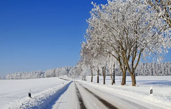 Картинка зима, иней, дорога, лес, небо, снег, деревья, мороз