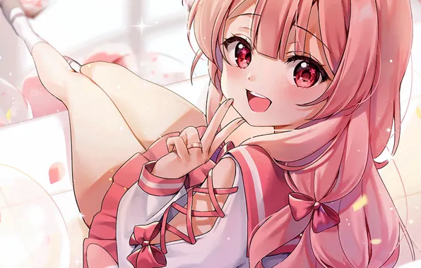 Girl, sexy, school uniform, pink hair, long hair, animal ears, anime, beautiful