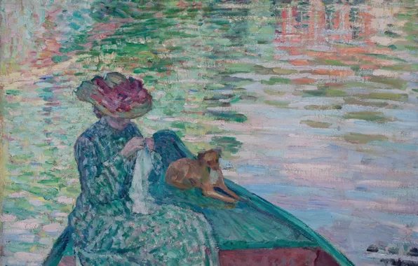 Краски, собака, картина, жанровая, Анри Лебаск, Молодая девушка в лодке