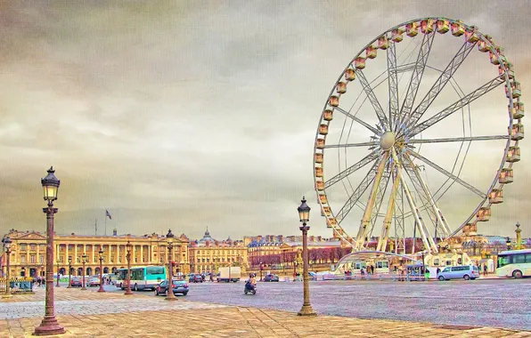 Франция, Париж, площадь, фонари, колесо обозрения, дворец