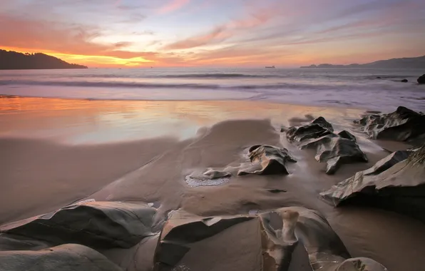 Картинка песок, море, вода, камни, океан, берег, побережье, камень