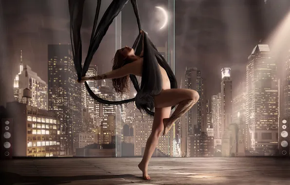 Картинка девушка, город, луна, Танец, с шелковыми лентами