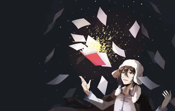 Книга, парень, Bungou Stray Dogs, листы бумаги, Бродячие Псы: Литературные Гении, Фёдор Достоевский, Fyodor Dostoyevsky