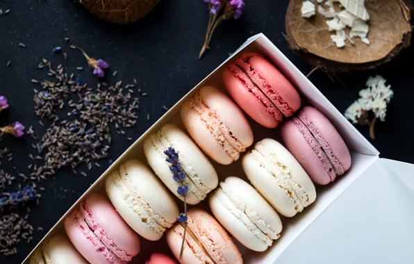 Картинка colorful, box, flowers, лаванда, lavender, french, macaron, макаруны