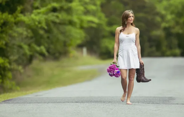 Дорога, лето, взгляд, девушка, цветы, природа, поза