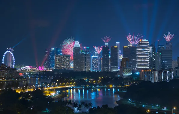 Здания, Сингапур, фейерверк, ночной город, небоскрёбы, Singapore, by Tan Bing Dun, Калланг