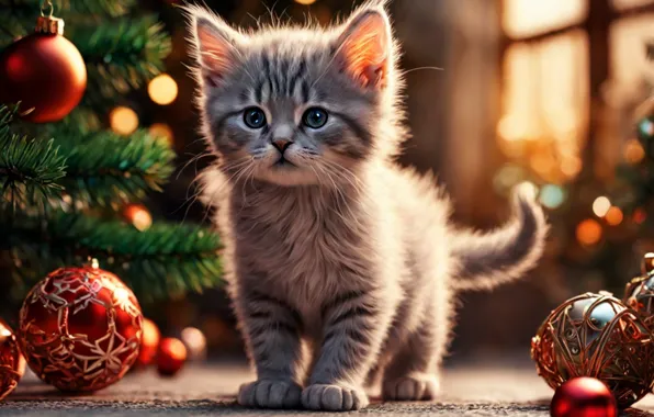 Кошка, взгляд, шарики, ветки, огни, котенок, малыш, окно