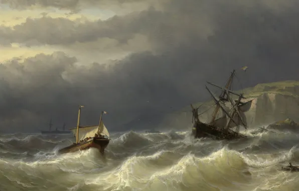 Картинка дерево, корабль, масло, картина, морской пейзаж, Луис Мейер, Шторм в Па-де-Кале