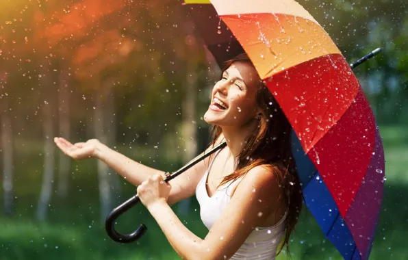 Картинка веселье, зонтик, широкоэкранные, HD wallpapers, обои, дождь, зонт, дождик, брюнетка, девушка, полноэкранные, позитив, солнце, капли, …