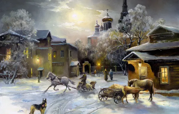 Картинка небо, свет, снег, окна, собака, лошади, церковь, живопись