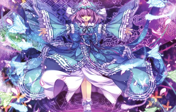 Взгляд, девушка, бабочки, магия, touhou, art, saigyouji yuyuko, capura lin