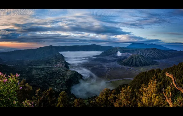 Небо, облака, туман, Индонезия, Ява, Tengger, вулканический комплекс-кальдеры Тенгер, действующий вулкан Бромо