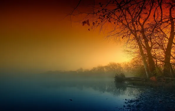 Картинка пейзаж, природа, туман, река, берег, утро