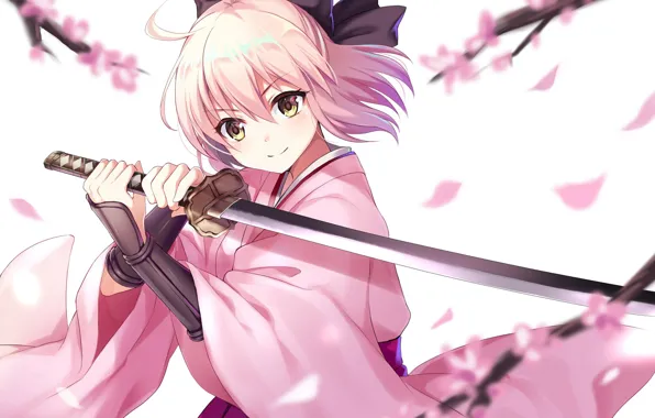 Girl, sword, pink, anime, katana, sakura, ken, blade