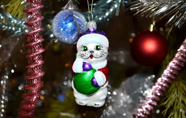 Картинка кошка, шарики, украшения, ветки, праздник, игрушка, блеск, елка