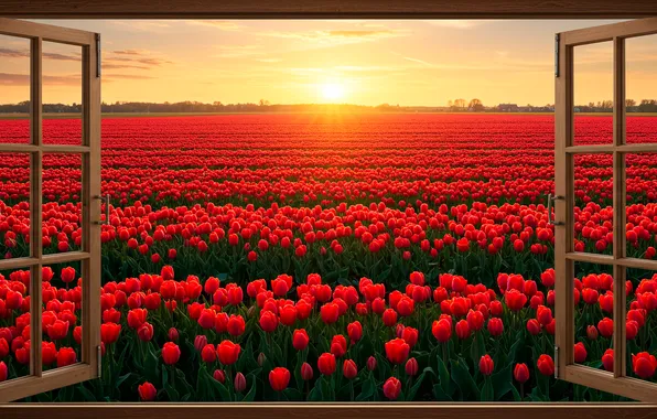Поле, окно, арт, тюльпаны, wallpaper, field, art, tulips