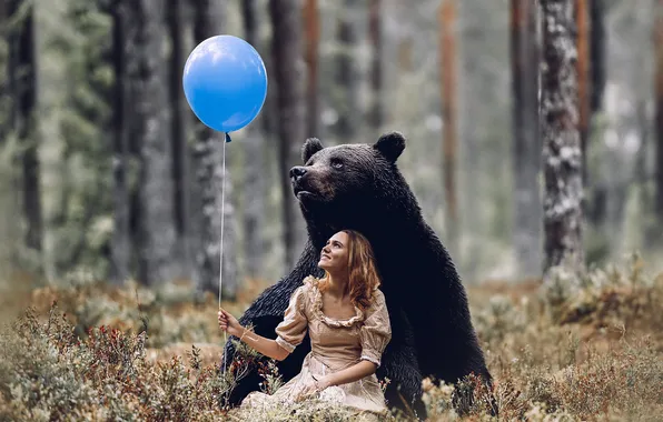 Лес, взгляд, девушка, природа, поза, улыбка, голубой, вместе