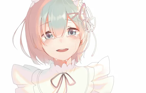 Лицо, слезы, белый фон, бант, голубые волосы, челка, оборки, Re: Zero Kara Hajimeru Isekai Seikatsu
