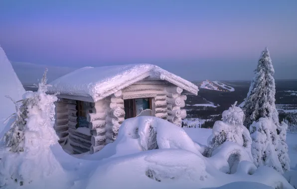 Картинка зима, снег, деревья, пейзаж, природа, рассвет, избушка, утро