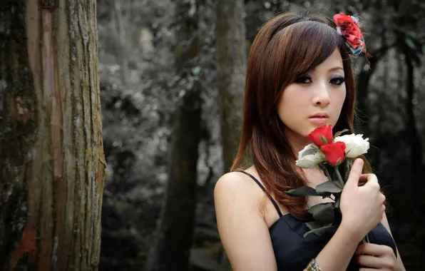 Картинка девушка, цветы, лицо, фото, руки, азиатка, mikako zhang kaijie