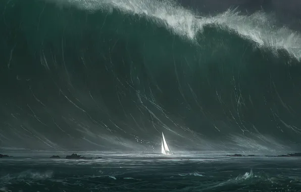 Море, шторм, волна, корабль, парус