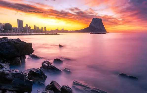 Море, закат, город, берег, Valencia, Calpe