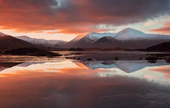 Картинка облака, отражения, горы, озеро, вечер, Шотландия, Северо-Шотландское нагорье