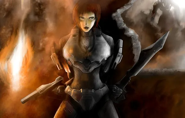 Картинка взгляд, девушка, оружие, укрытие, броня, halo 4, female spartans
