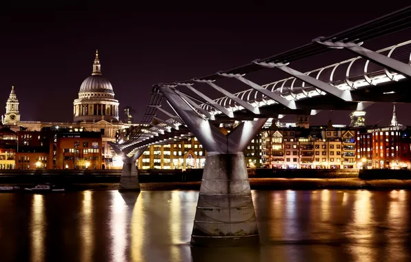 Ночь, Англия, Лондон, night, London, England, millennium bridge, thames