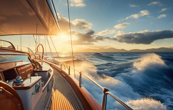 Море, волны, яхта, катер, плавание, плавсредство, ИИ-арт, нейросеть