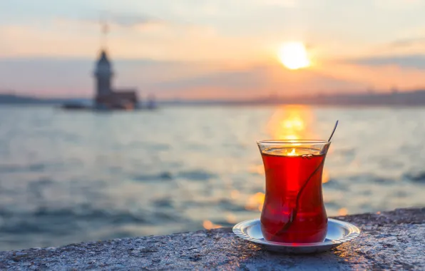 Sea, sunset, tea, istanbul, maiden tower