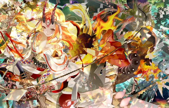 Яркие краски, катана, Аниме, Anime, буйство красок, рожки, Anime girls, Аниме девушки
