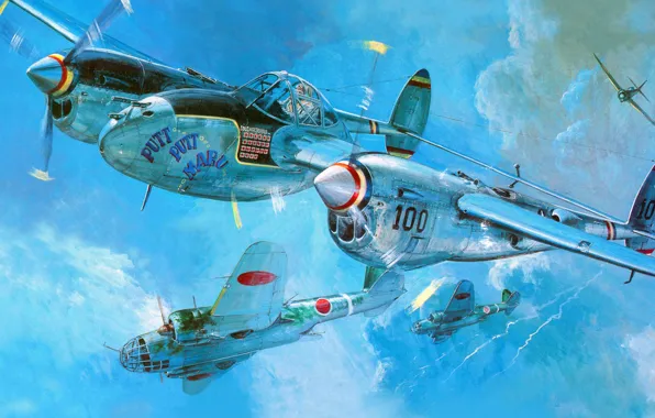 Рисунок, арт, Lightning, Lockheed, ВВС США, P-38, американский тяжёлый истребитель, разведывательный самолёт