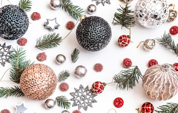Картинка шарики, снежинки, шары, Рождество, белый фон, Новый год, веточки