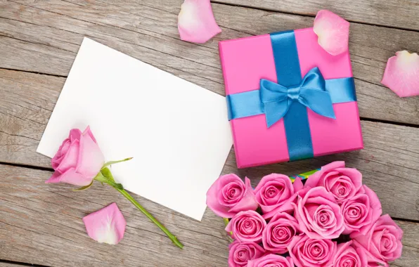 Картинка любовь, коробка, подарок, романтика, розы, букет, лепестки, розовые
