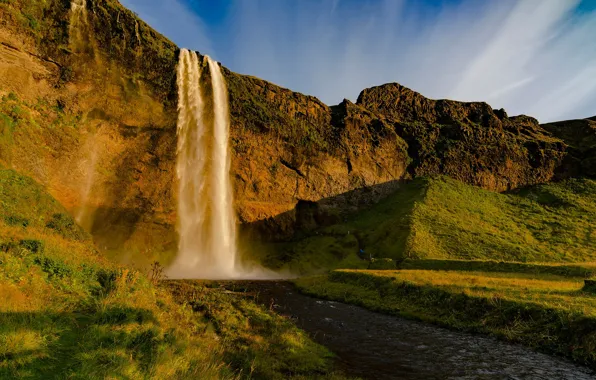 Картинка небо, вода, свет, горы, скалы, холмы, водопад, весна