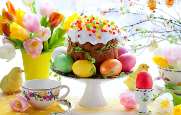 Картинка цветы, яйца, весна, colorful, пасха, тюльпаны, cake, кулич