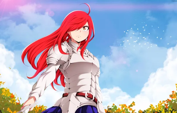 Red, game, armor, sky, red hair, anime, cloud, redhead