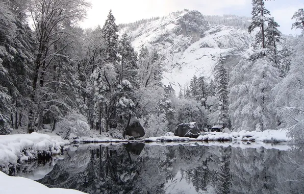 Картинка зима, снег, озеро, отражение, гора, winter nature