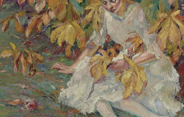 Картинка девушка, картина, Эдуард Какуел, Edward Cucuel, В Осенних Солнечных Лучах