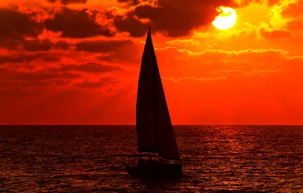 Картинка море, небо, солнце, облака, закат, лодка, яхта, парус