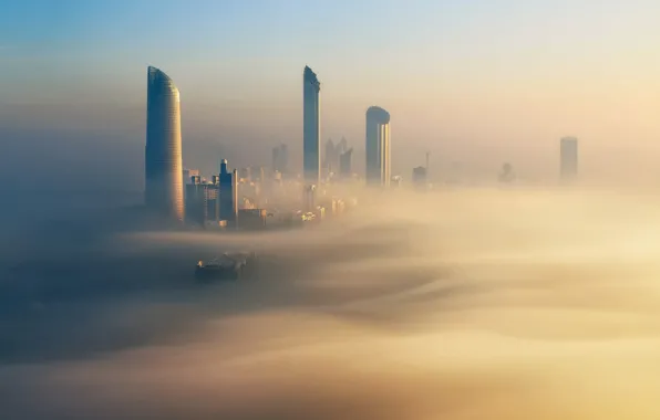 Город, туман, утро, золотой, Дубай, Dubai, ОАЭ