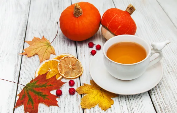 Осень, листья, colorful, autumn, leaves, cup, tea, maple