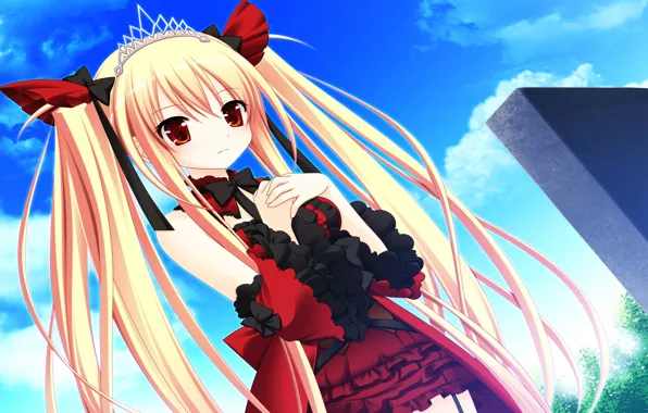 Девушка, ленты, аниме, платье, красные глаза, длинные волосы, anime, два хвостика