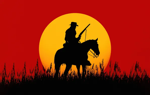 Картинка игра, game, sunset, закат солнца, Red Dead Redemption, silhouette, Rockstar San Diego, lonely cowboy